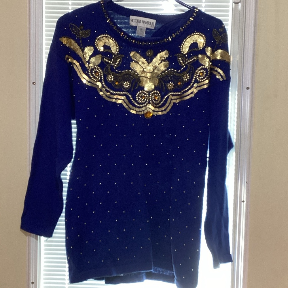 Victoria Harbour Royal Blue Sweater with Gold Embellishments